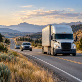 Semi-truck and passenger vehicles traveling on a rural Idaho highway through mountainous terrain.
