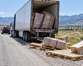 Freight truck stopped beside an Idaho highway after cargo fell from the trailer.