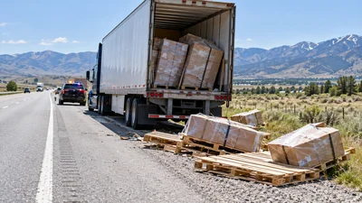 Freight truck stopped beside an Idaho highway after cargo fell from the trailer.