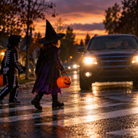 A family in Halloween costumes crosses an Idaho neighborhood street while a vehicle slows near the crosswalk at sunset.