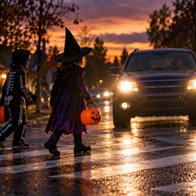A family in Halloween costumes crosses an Idaho neighborhood street while a vehicle slows near the crosswalk at sunset.