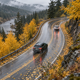 Cars driving carefully on an Idaho mountain road covered with wet leaves