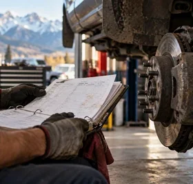A mechanic reviews maintenance records beside a vehicle brake assembly.