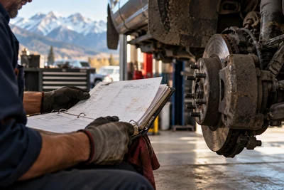 A mechanic reviews maintenance records beside a vehicle brake assembly.