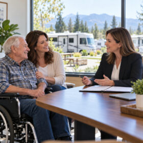 Attorney meeting with an older wheelchair user and his daughter after an Idaho RV park injury.