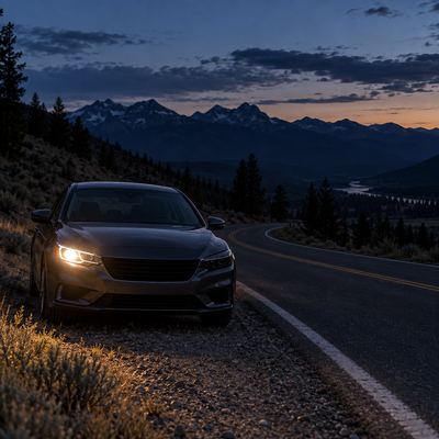 Car with one unlit headlight parked beside a dark Idaho mountain road at dusk