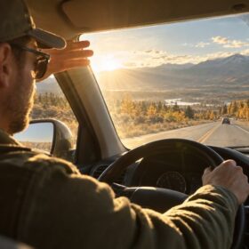 Low afternoon sunlight shines across a roadway as a driver travels in Idaho.