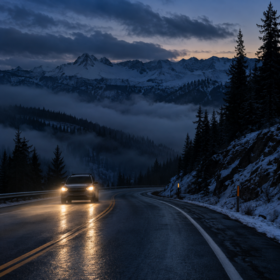 Car headlights illuminate a winding Idaho road at dusk as daylight fades