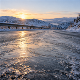 Thin black ice glistening on an empty Idaho mountain roadway at winter dawn.