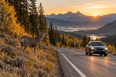 A mule deer beside an Idaho mountain road as a car approaches at sunset.